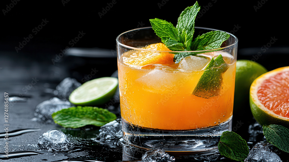 Poster beautifully presented grapefruit and lime mocktail with fresh mint leaves, served in glass with ice 