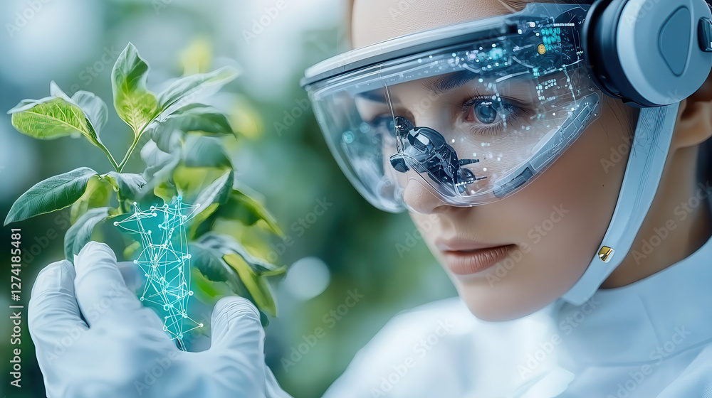 Aufkleber biotech expert wearing futuristic goggles examines plant with virtual dna structure overlay, showcas