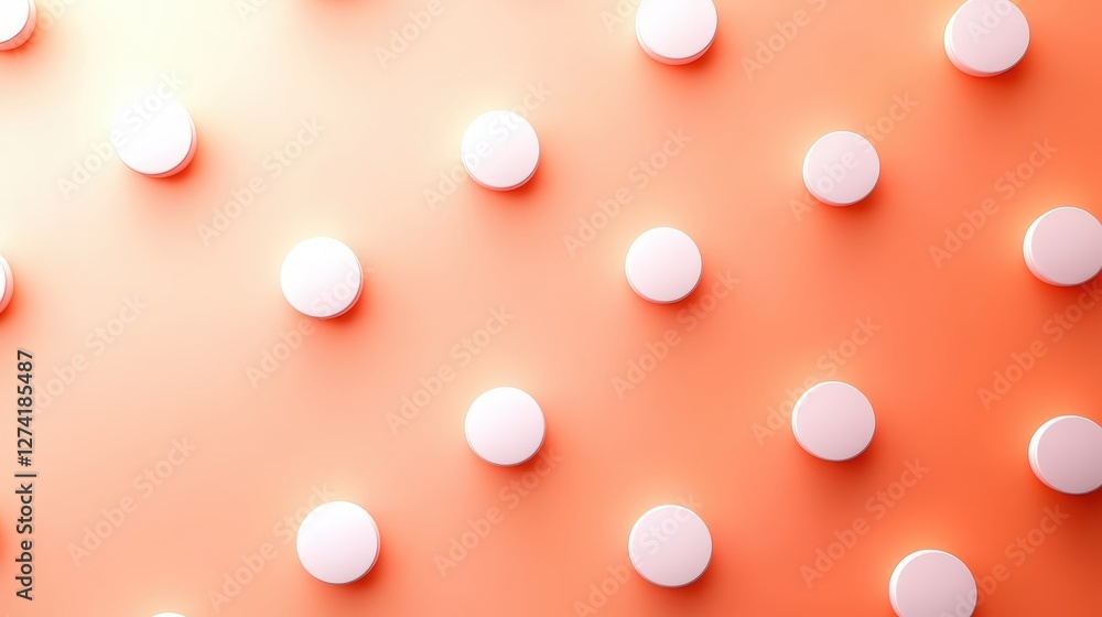 Poster a vibrant backdrop featuring a series of evenly spaced white circles on a coral surface, creating a 