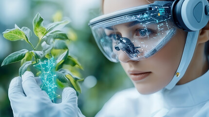 biotech expert wearing futuristic goggles examines plant with virtual DNA structure overlay, showcasing AI driven technology in laboratory setting