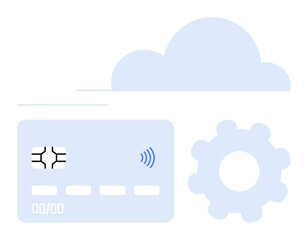 Credit card with wireless signal near a gear and cloud. Ideal for payments, fintech, banking systems, e-commerce, cloud security, app integration, abstract line flat metaphor