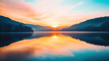 Fototapeta premium Serene sunset over a tranquil lake, reflecting vibrant colors and surrounding hills.