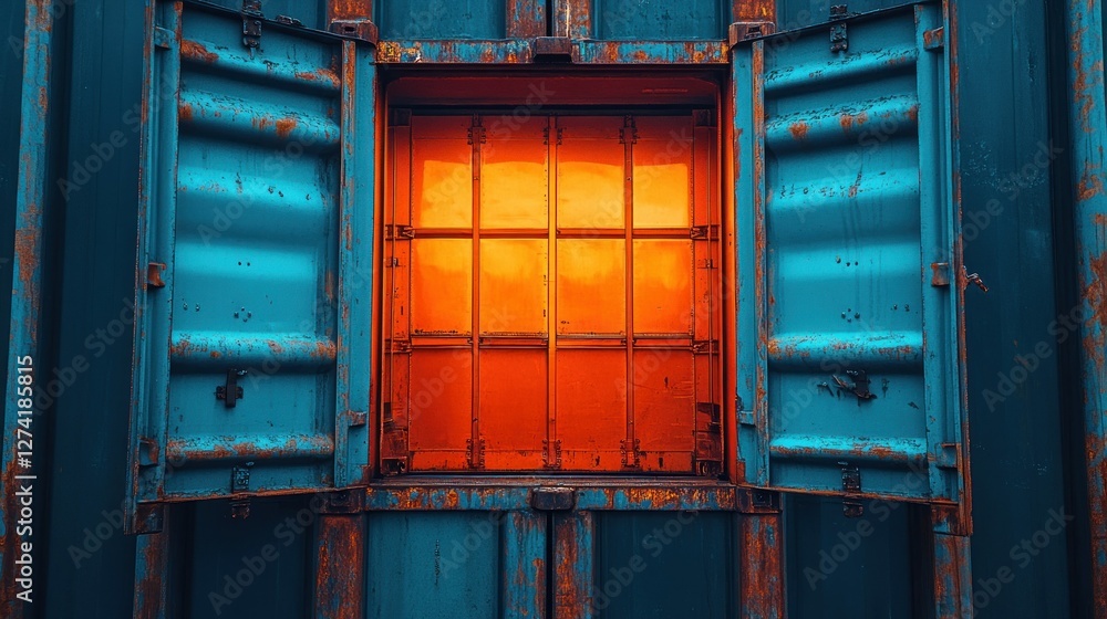Aufkleber bright orange light through open window frames in a rusty blue shipping container
