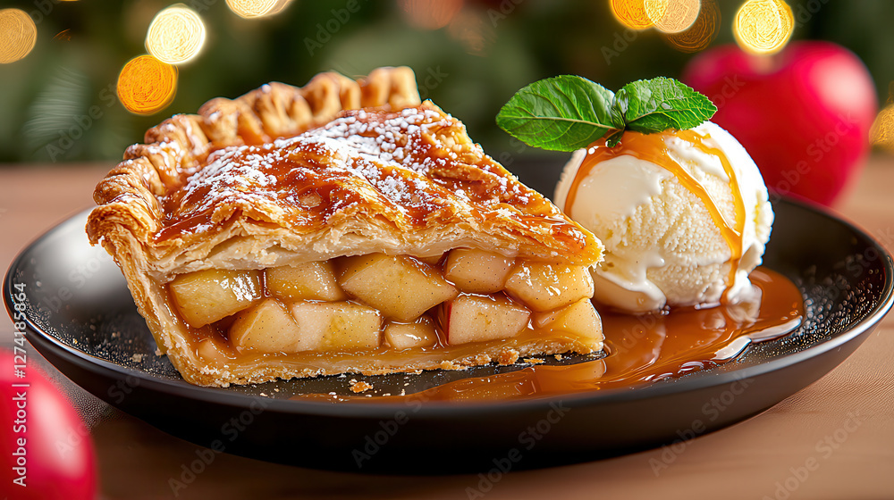 Poster slice of classic homemade apple pie with flaky crust is served with scoop of vanilla ice cream, driz