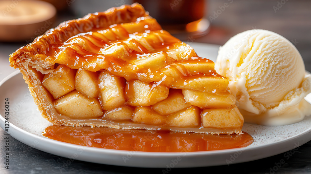 Poster close up of golden brown apple pie slice with glistening caramel sauce and scoop of vanilla ice crea