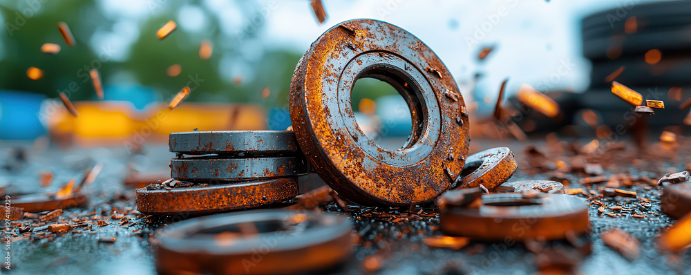 Fototapete close up of corroded industrial metal parts with rust and debris scattered around, creating gritty a