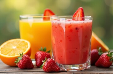 Refreshing strawberry smoothie and fresh orange juice in clear glasses, garnished with fruit slices, placed on a wooden table