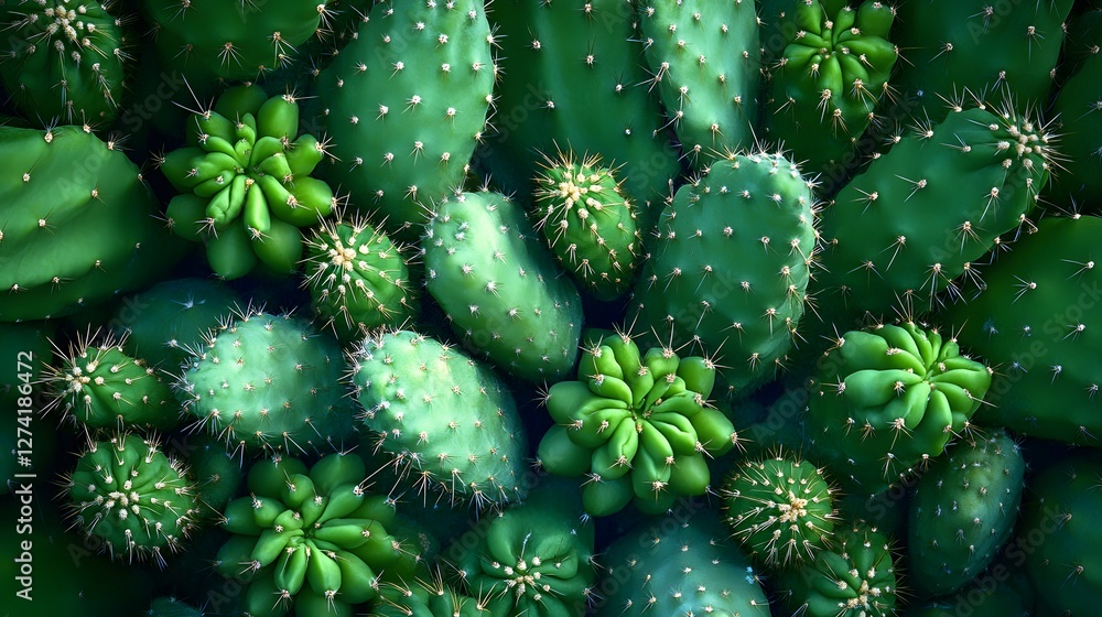Aufkleber Close-up view of various cacti showcasing different shapes, sizes, and textures. A vibrant display of green hues against a natural background. A Close-Up View of Diverse Cactus Species
