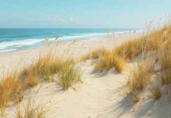 Serene coastal landscape with golden sand dunes and wild grasses overlooking the ocean under a clear blue sky