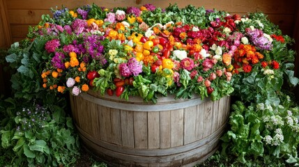 Vibrant Array of Freshly Harvested Vegetables and Colorful Flowers in Rustic Wooden Barrel Display