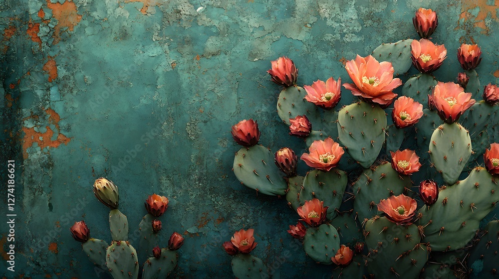 Poster close-up of a blooming prickly pear cactus against a rustic teal backdrop. the vibrant orange blosso