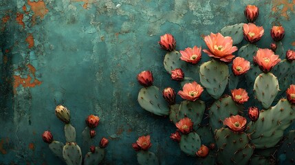 Close-up of a blooming prickly pear cactus against a rustic teal backdrop. The vibrant orange blossoms stand out against the textured background. Blooming Desert Cactus on Rustic Teal