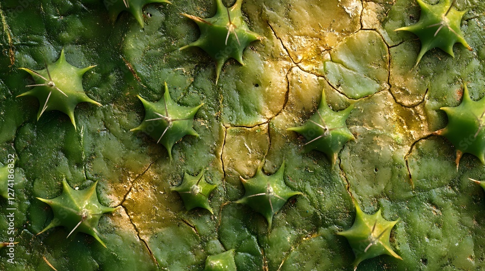 Poster macro shot of a cactus texture. green, cracked surface with many thorns. close-up of a cactus surfac