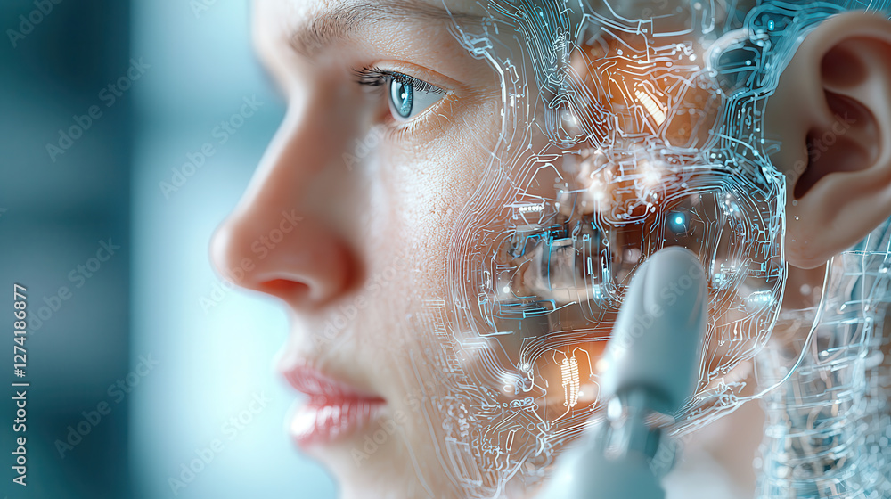 Poster cybernetic humanoid with intricate circuitry and hyper detailed wireframe design is depicted, showca