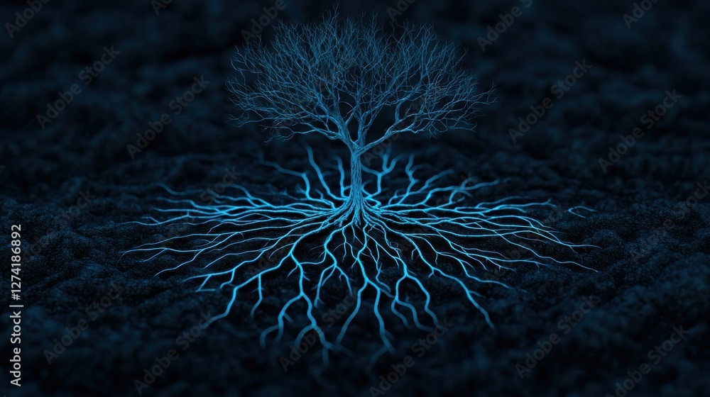 Poster glowing networked tree with fractal roots connecting to an ethereal energy source