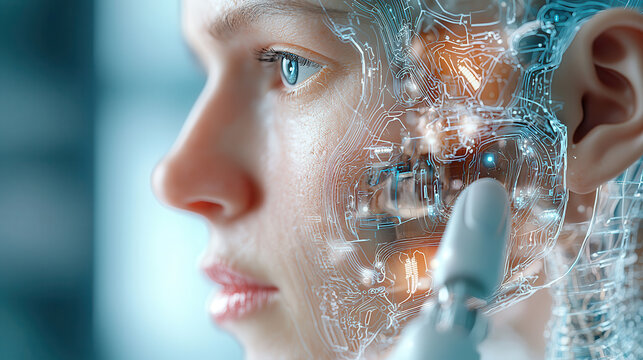cybernetic humanoid with intricate circuitry and hyper detailed wireframe design is depicted, showcasing advanced technology and futuristic elements. close up view highlights integration of human
