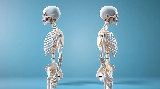 Two detailed human skeletons are positioned back to back against blue background, showcasing professional anatomical structure and alignment