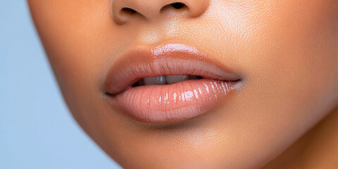 Naklejka premium Close-up of Woman's Lips with Glossy Lip Product