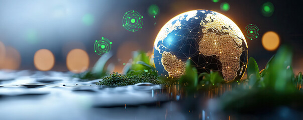 digital wireframe earth with futuristic neon green lines is surrounded by lush greenery and glowing elements, creating blend of technology and nature