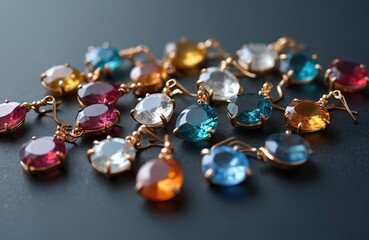 Collection of elegant earrings exquisite jewelry pieces. Round shape gems of different colors blue, red, white, yellow. Golden earring holders. Luxury fashion accessorize for women. Wedding gift idea.