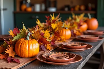 Autumn Thanksgiving Table Setting with Pumpkins and Leaves