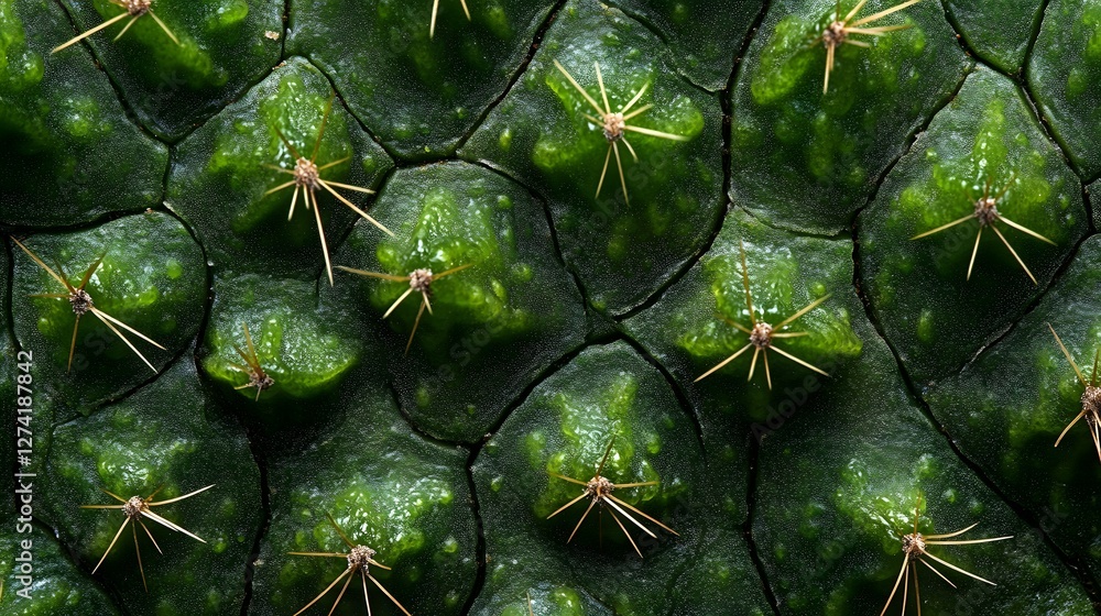 Poster macro shot of a cactus, highlighting its intricate details. green hues dominate. close-up macro of a