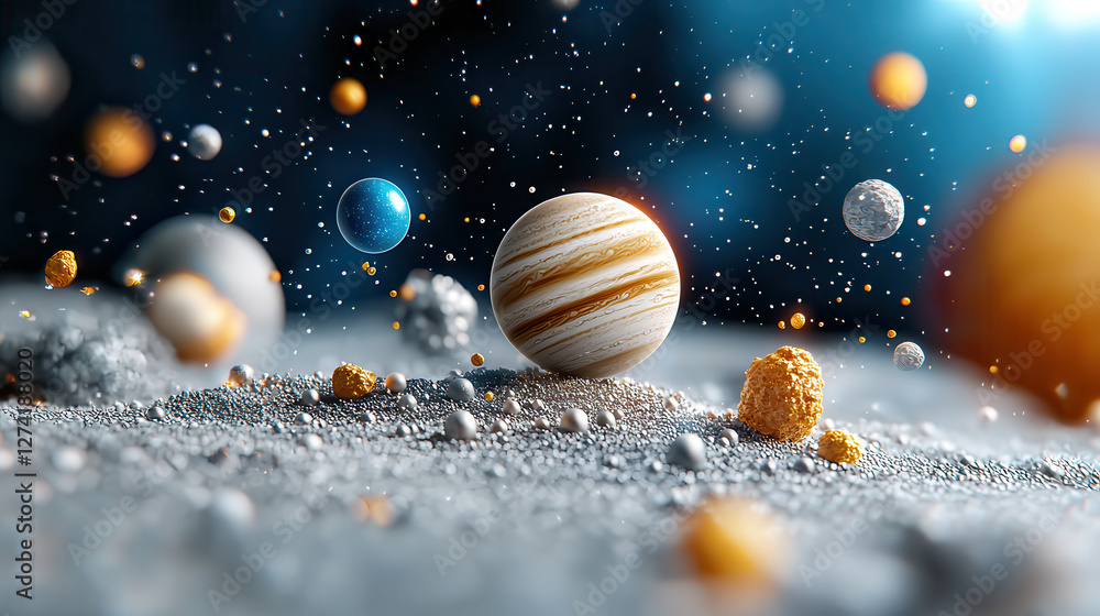 Aufkleber floating holographic projections of celestial bodies, planets, and asteroids in cosmic scene with vi