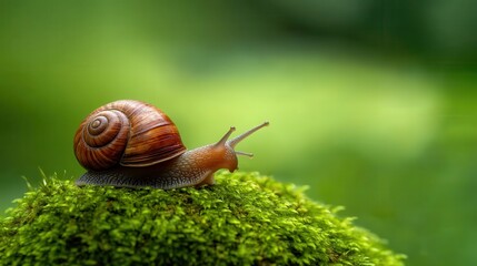 A graceful snail appears on vibrant green moss, illuminating the peace and beauty of nature, highlighting intricate details in a serene outdoor environment.