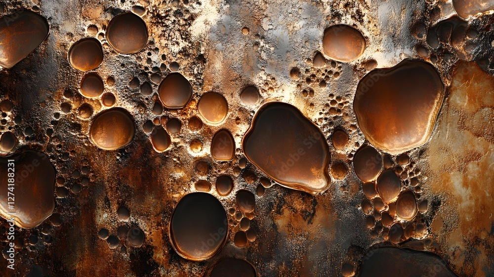 Poster an abstract image showcasing a textured bronze-toned surface, resembling a cosmic landscape with cra