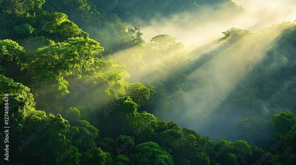 Poster a serene landscape showcasing lush green trees and soft rays of sunlight filtering through the canop