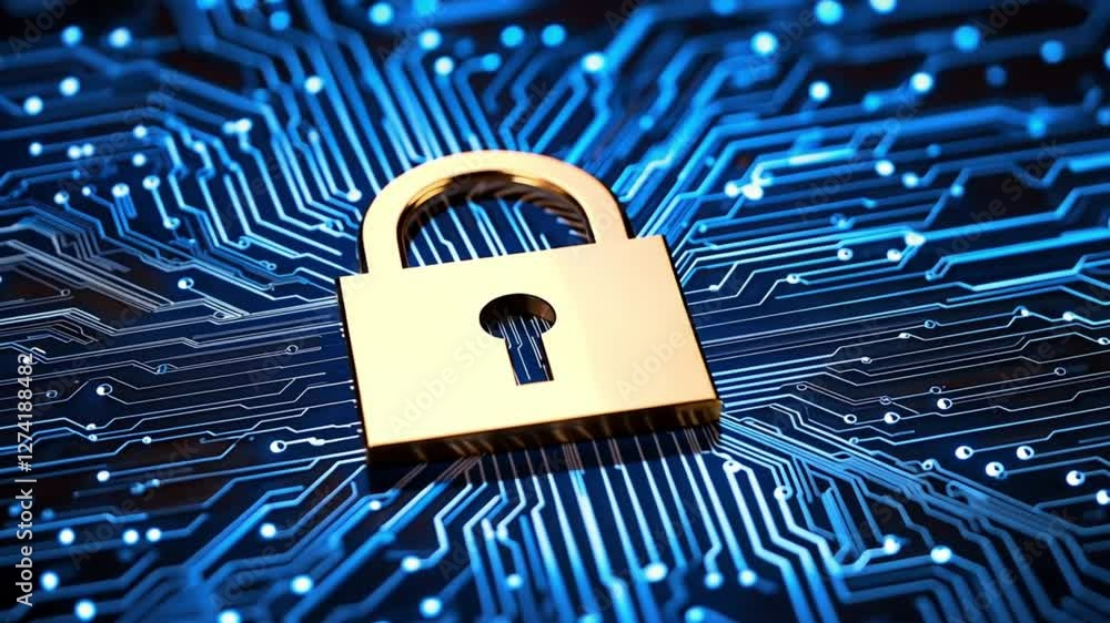 Aufkleber a gleaming lock rests atop a complex circuit board under bright lighting. concept of data protection