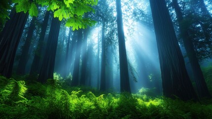 Obraz premium A serene forest scene illuminated by soft sunlight filtering through tall trees, showcasing lush green ferns and vibrant greenery, perfect for conveying tranquility and nature's be