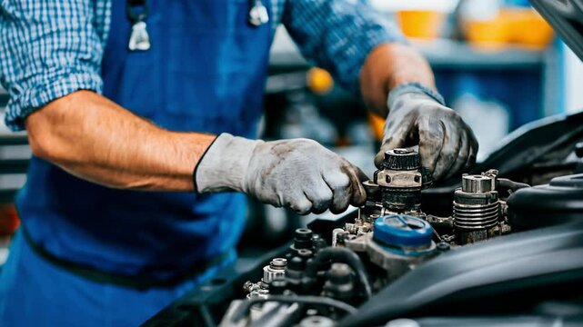 A skilled technician in overalls tightens components within a car&rsquo;s engine bay. Concept of precise labor and efficient car engine repair.