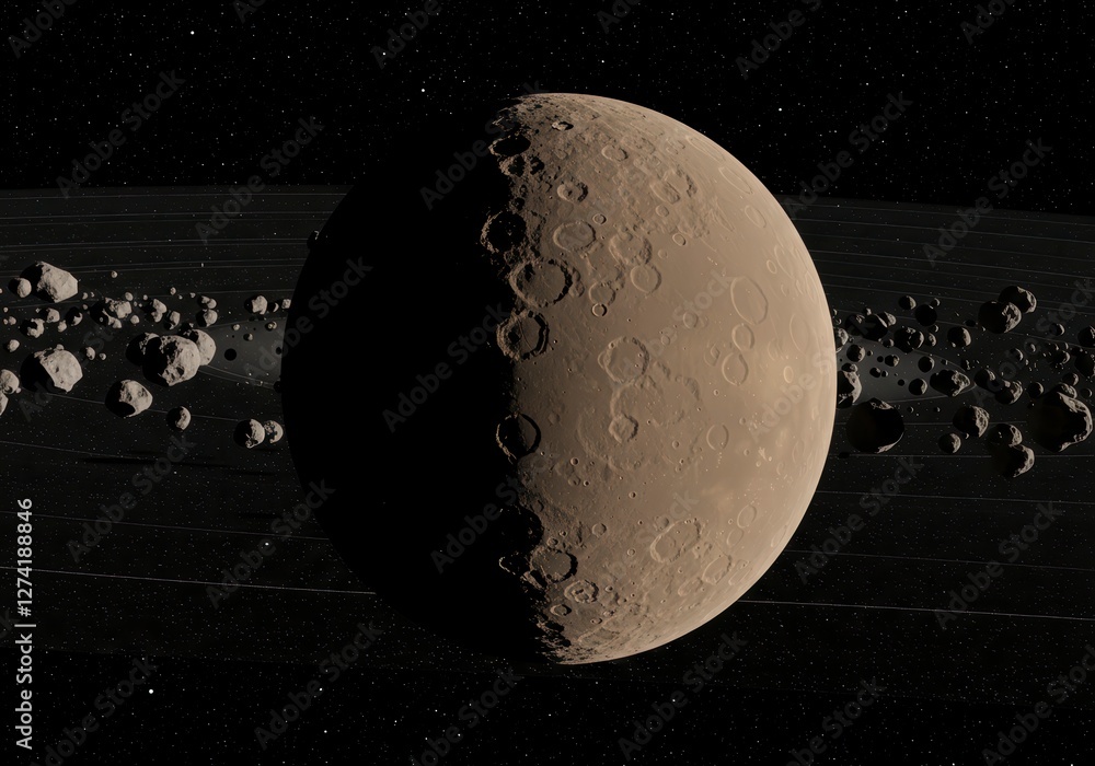 Poster digital visualization of ceres in space, highlighting the mysterious dwarf planet among asteroids