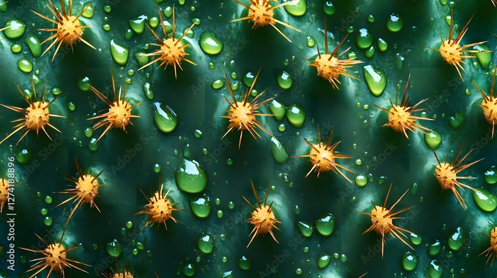 Poster a stunning macro shot of a cactus covered in glistening water droplets. the vibrant green and yellow