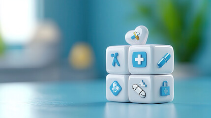 White cubes with blue medical icons, including heart, cross, and pills, are stacked on blue surface, symbolizing healthcare and wellness