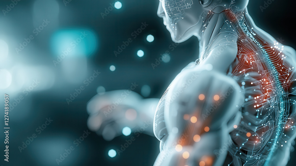 Leinwandbilder high tech 3d holographic blueprint of humanoid robot showcases intricate circuitry and glowing conne