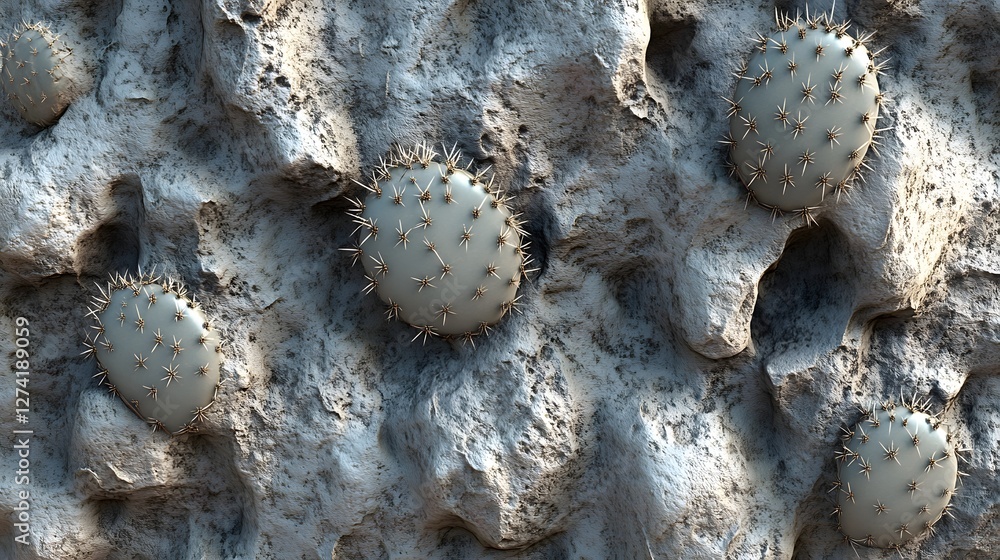 Aufkleber Close-up view of a grey rocky texture with several spherical cacti embedded. The scene is desert-like, with a focus on the cacti and the rough surface.