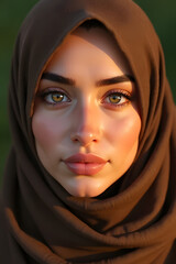 Naklejka premium Portrait of a young woman in a brown hijab outdoor setting close-up photography natural light beauty concept