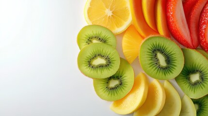 A vibrant composition of fresh fruit slices, including kiwi, lemon, orange, and strawberries. The bright colors and clean background make it perfect for healthy lifestyle themes.
