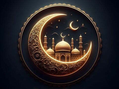 ramadan kareem crescent moon and mosque golden logo sign  in dark background