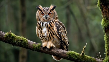 Fototapeta premium Owl sit in a branch tree and looking on the the camera on forest