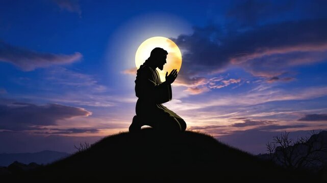 A silhouette of jesus kneels in prayer beneath a glowing full moon. Concept of quiet devotion and unwavering faith.