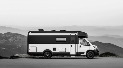 Fototapeta premium Modern RV with a sleek black and white design, parked at a mountain overlook