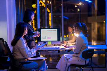 Three women are sitting at a desk with a computer monitor in front of them