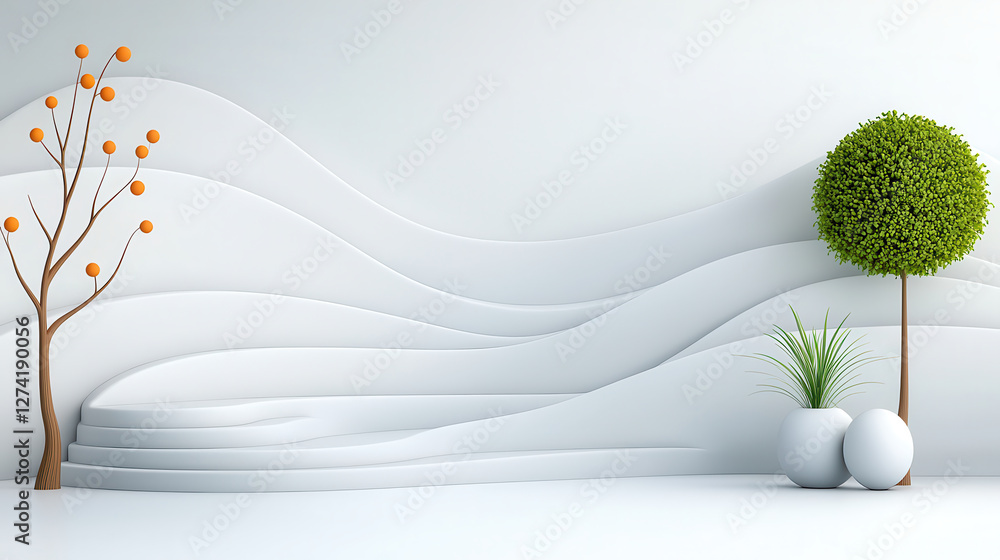 Poster Modern abstract white cubic structures form stepped landscape with minimalist trees and plants, creating serene and artistic environment