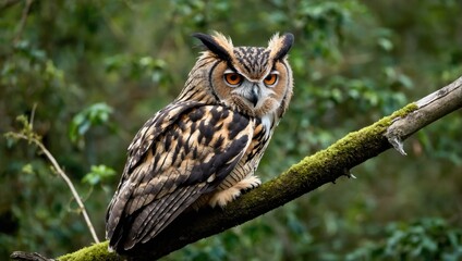 Owl sit in a branch tree and looking on the the camera on forest