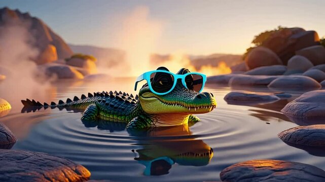 A playful 3d cartoon style alligator wears stylish sunglasses while floating in calm water. Concept of relaxed humor and fun summer vibes.