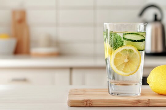 Self-care routine wellness habit. A refreshing glass of lemon and cucumber-infused water sits on a wooden cutting board in a modern kitchen, promoting hydration and wellness.