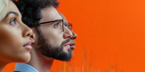 Three Diverse Individuals Profiled Against Orange Background with Bar Graph Overlay
